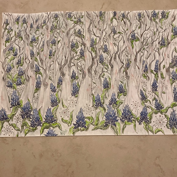 Unframed Original Art Pencil Crayon & Marker Drawing of Flowers in Forest - Picture 1 of 4